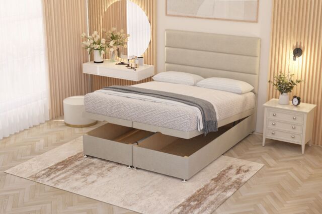 Somnior Chambery Hybrid Pocket Sprung Orthopaedic Ottoman Bed Set with Headboard Tweed Fabric in Natural - Size: Small Double - image 1