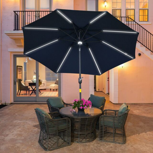 OUTSUNNY 2.7m Garden Parasol Umbrella w/ LED Solar Light Crank Tilt in Blue - image 1
