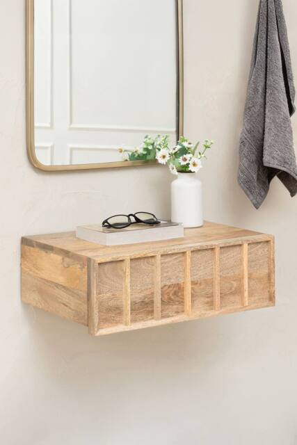 MH London Solid Wood Floating Wall Storage Shelf with Push-to-Open Drawer - Arlo in Natural - image 1