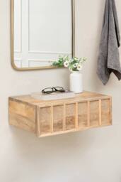 MH London Solid Wood Floating Wall Storage Shelf with Push-to-Open Drawer - Arlo in Natural