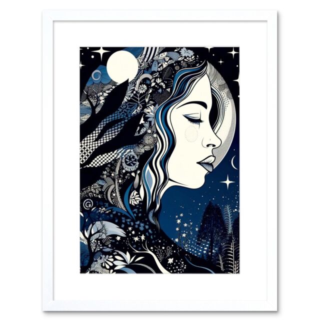 Artery8 Wall Art Print New Moon Goddess Winter Moonlit Witchy Forest Starry Night Mother Nature Boho Patterns Artwork Framed 9X7 Inch - image 1