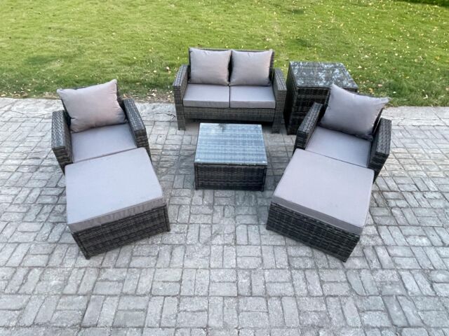 Fimous Rattan Wicker Garden Furniture Patio Conservatory Sofa Set with Square Coffee Table Armchair Big Footstool Side Table in Dark Grey