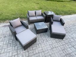 Fimous Rattan Wicker Garden Furniture Patio Conservatory Sofa Set with Square Coffee Table Armchair Big Footstool Side Table in Dark Grey - thumbnail 2