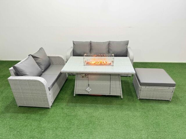 Fimous 6 Seater PE Rattan Wicker Garden Furniture Patio Conservatory Sofa Set with Firepit Dining Table 3 Seater Sofa Love Sofa Big Footstool - image 1