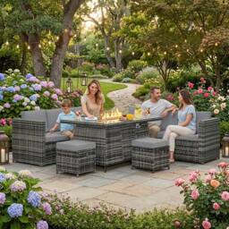 Alivio 8-Seater Rattan Furniture Set with Built-In Fire Pit & Cushions in Grey - thumbnail 6