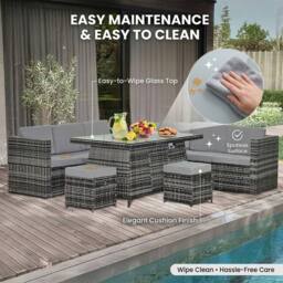 Alivio 8-Seater Rattan Furniture Set with Built-In Fire Pit & Cushions in Grey - thumbnail 5