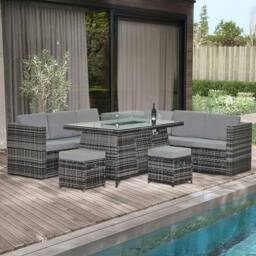 Alivio 8-Seater Rattan Furniture Set with Built-In Fire Pit & Cushions in Grey - thumbnail 1