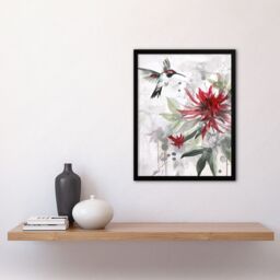 "Artery8 Hummingbird Red Monarda Flowers Watercolour Framed Art Print - Size: W12"" x H16""" - thumbnail 4