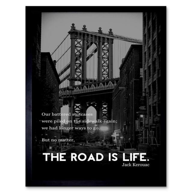 "Artery8 Jack Kerouac Road Is Life Quote Home Decor 12x16"" Framed Art Print in Black - Size: W12"" x H16""" - image 1