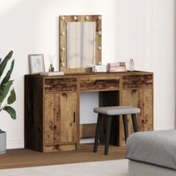 Berkfield Home 3-Piece Dressing Table Set with LED - Old Wood Engineered Wood in Brown - thumbnail 1