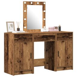 Berkfield Home 3-Piece Dressing Table Set with LED - Old Wood Engineered Wood in Brown - thumbnail 3