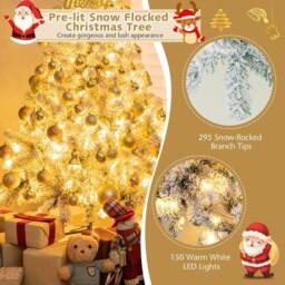 Costway 4.5FT Flocked Christmas Tree with 295 PVC Branch Tips & 150 LED Lights Pre-Lit Artificial Decoration Tree for Christmas in White - thumbnail 4