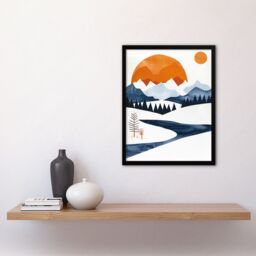 Artery8 Abstract Geometric Orange Blue Winter Landscape Framed Art Print - Size: A4 - thumbnail 4