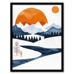 Artery8 Abstract Geometric Orange Blue Winter Landscape Framed Art Print - Size: A4 - thumbnail 1