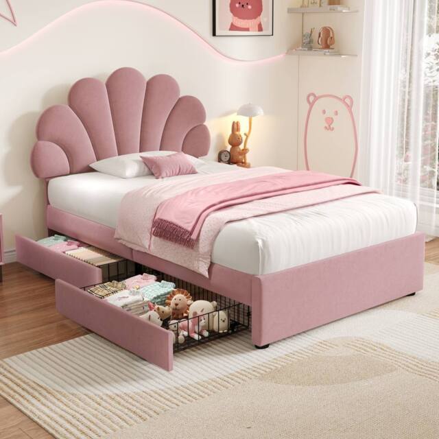 Matteo Pink Velvet 3ft Single Upholstered Bed Frame, Adjustable Petal Headboard - image 1