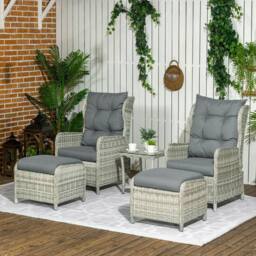 OUTSUNNY Recliner Rattan Garden Furniture w/ Two-tier Glass Top Table & Cushions, Grey