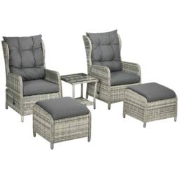 OUTSUNNY Recliner Rattan Garden Furniture w/ Two-tier Glass Top Table & Cushions, Grey - thumbnail 2