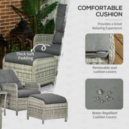 OUTSUNNY Recliner Rattan Garden Furniture w/ Two-tier Glass Top Table & Cushions, Grey - thumbnail 6