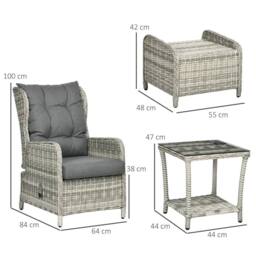 OUTSUNNY Recliner Rattan Garden Furniture w/ Two-tier Glass Top Table & Cushions, Grey - thumbnail 3