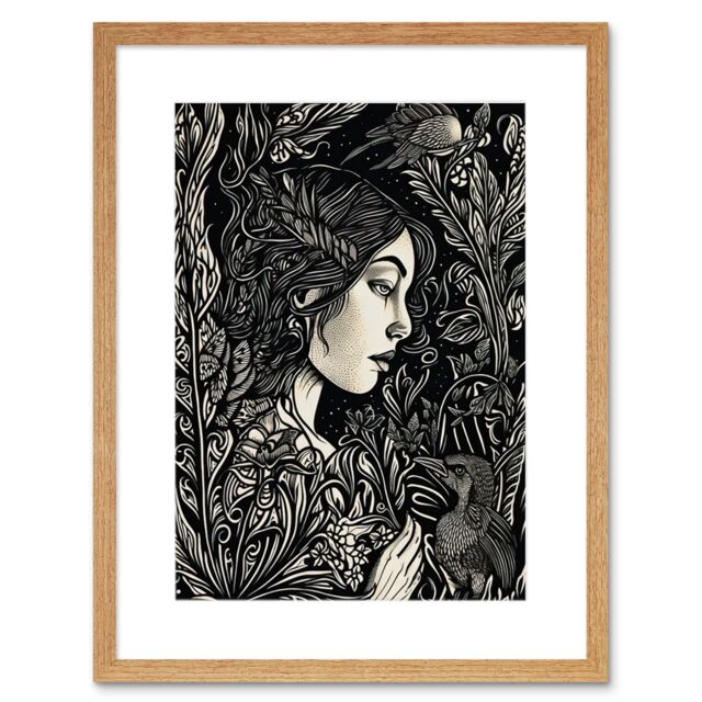"Artery8 Wall Art Print Woman with Crow in a Field Black & White Linocut Artwork Framed 9X7 Inch in Beige - Size: W7"" x H9""" - image 1