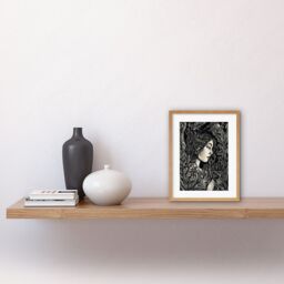 "Artery8 Wall Art Print Woman with Crow in a Field Black & White Linocut Artwork Framed 9X7 Inch in Beige - Size: W7"" x H9""" - thumbnail 2
