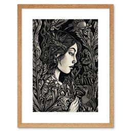 "Artery8 Wall Art Print Woman with Crow in a Field Black & White Linocut Artwork Framed 9X7 Inch in Beige - Size: W7"" x H9""" - thumbnail 1
