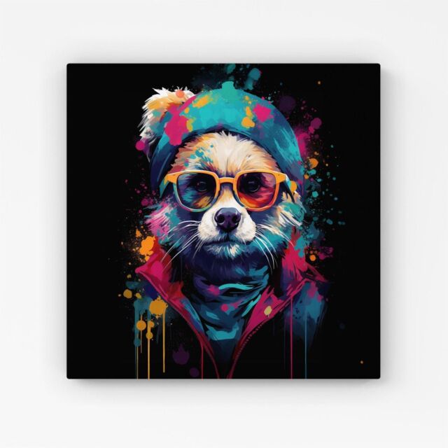 Warren Reed - Designer Multi Coloured Splashart Dog With Glasses Canvas in Blue - Size: w40 inch x h40 inch - image 1