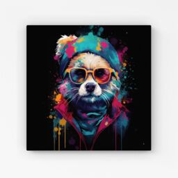 Warren Reed - Designer Multi Coloured Splashart Dog With Glasses Canvas in Blue - Size: w40 inch x h40 inch - thumbnail 1