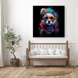 Warren Reed - Designer Multi Coloured Splashart Dog With Glasses Canvas in Blue - Size: w40 inch x h40 inch - thumbnail 3