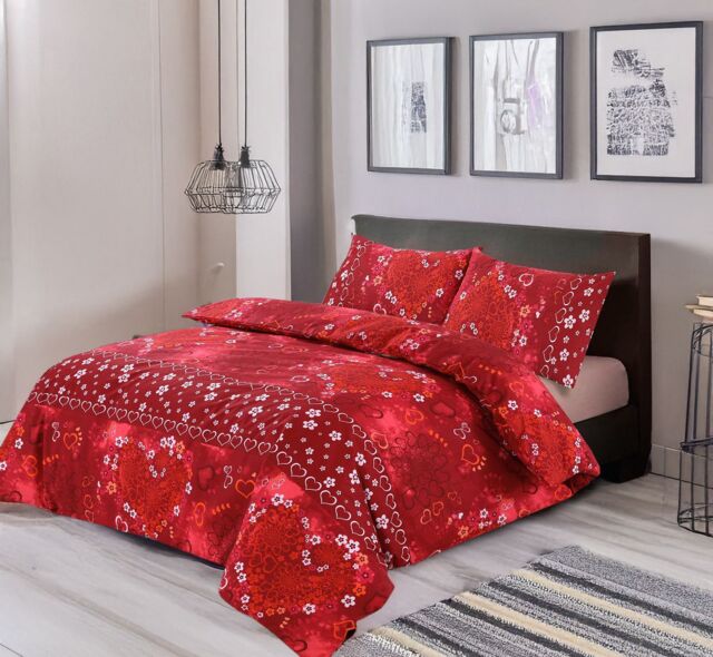 Snug City Duvet Cover & Pillowcase Set Love Heart Design Polycotton Bed Linen in Red - Size: Single - image 1