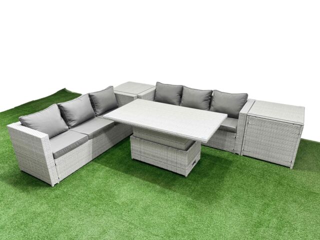 Fimous 5 PCs Rising Dining Table Set Rattan Furniture Set with 3 Seater Sofa in Light Grey - image 1