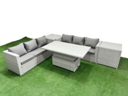 Fimous 5 PCs Rising Dining Table Set Rattan Furniture Set with 3 Seater Sofa in Light Grey - thumbnail 2