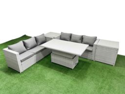 Fimous 5 PCs Rising Dining Table Set Rattan Furniture Set with 3 Seater Sofa in Light Grey - thumbnail 1