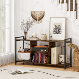 "Gymax TV Stand for 55"" TVs Industrial Entertainment Center 4 Shelves Brown" - thumbnail 4