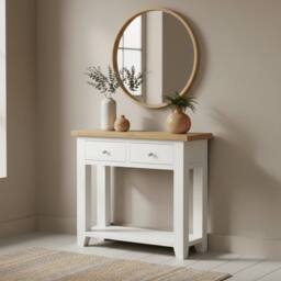 Home Source Melbourne 2 Storage Drawers Hallway Console Table Solid Wooden Oak Top in White - thumbnail 1