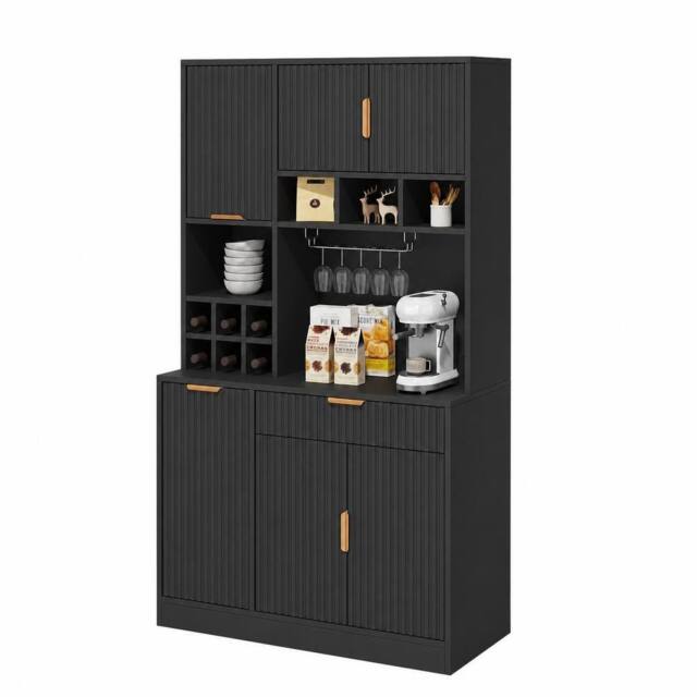 Merax Modern Tall Kitchen Pantry Cabinet with Power Outlets & Wine Storage in Black - image 1