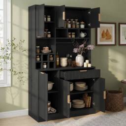 Merax Modern Tall Kitchen Pantry Cabinet with Power Outlets & Wine Storage in Black - thumbnail 4