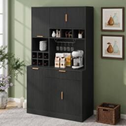 Merax Modern Tall Kitchen Pantry Cabinet with Power Outlets & Wine Storage in Black - thumbnail 8