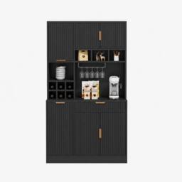 Merax Modern Tall Kitchen Pantry Cabinet with Power Outlets & Wine Storage in Black - thumbnail 3