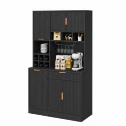 Merax Modern Tall Kitchen Pantry Cabinet with Power Outlets & Wine Storage in Black - thumbnail 1