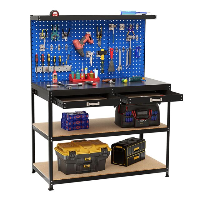 Gymax Metal Workbench Work Table With Large Pegboard & Shelves 121 x 61 CM in Blue - image 1