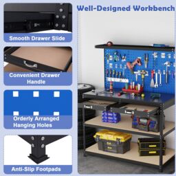 Gymax Metal Workbench Work Table With Large Pegboard & Shelves 121 x 61 CM in Blue - thumbnail 5