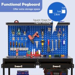 Gymax Metal Workbench Work Table With Large Pegboard & Shelves 121 x 61 CM in Blue - thumbnail 4