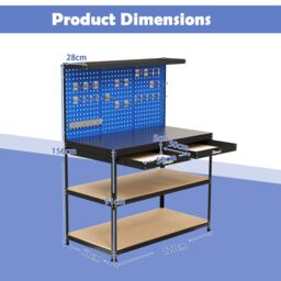 Gymax Metal Workbench Work Table With Large Pegboard & Shelves 121 x 61 CM in Blue - thumbnail 2