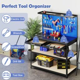 Gymax Metal Workbench Work Table With Large Pegboard & Shelves 121 x 61 CM in Blue - thumbnail 3