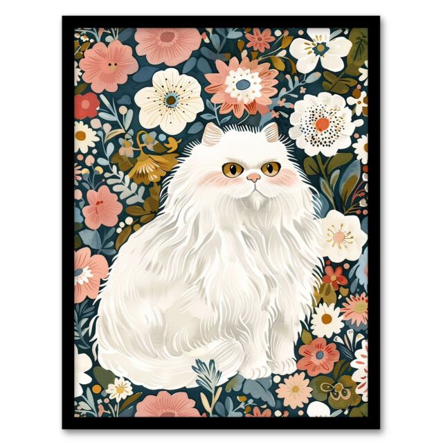 Artery8 Elegant Persian Cat Lover Flower Garden Portrait Framed Wall Art - Size: A4 - image 1