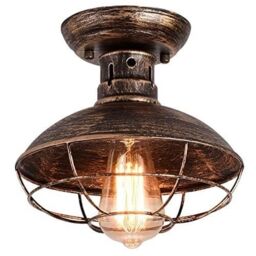 Garwarm Bronze Industrial Semi-Flush Ceiling Light with Metal Cage Fixture in Brown