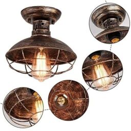 Garwarm Bronze Industrial Semi-Flush Ceiling Light with Metal Cage Fixture in Brown - thumbnail 4