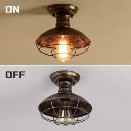 Garwarm Bronze Industrial Semi-Flush Ceiling Light with Metal Cage Fixture in Brown - thumbnail 3