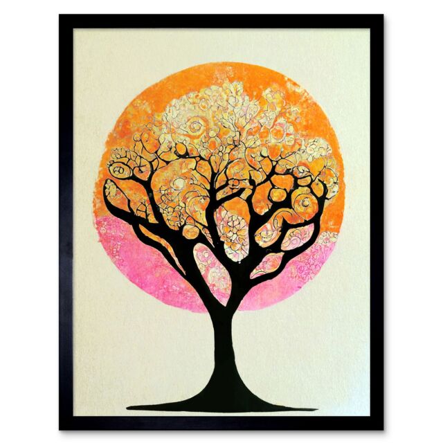 "Artery8 Wall Art Print Tranquil Tree Silhouette Abstract Enchanted Linocut Art Framed in Black - Size: W12"" x H16""" - image 1